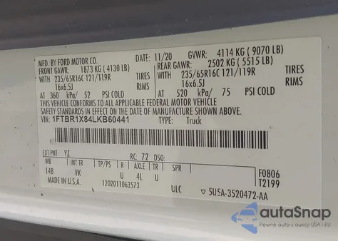 2020 Ford Transit-250 from USA, damaged, VIN 1FTBR1X84LKB60441